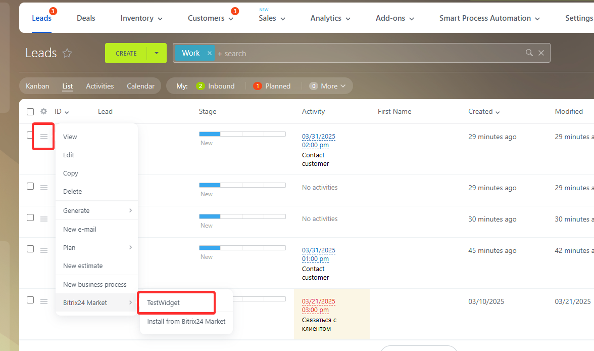 Widget as a context menu item in Deal