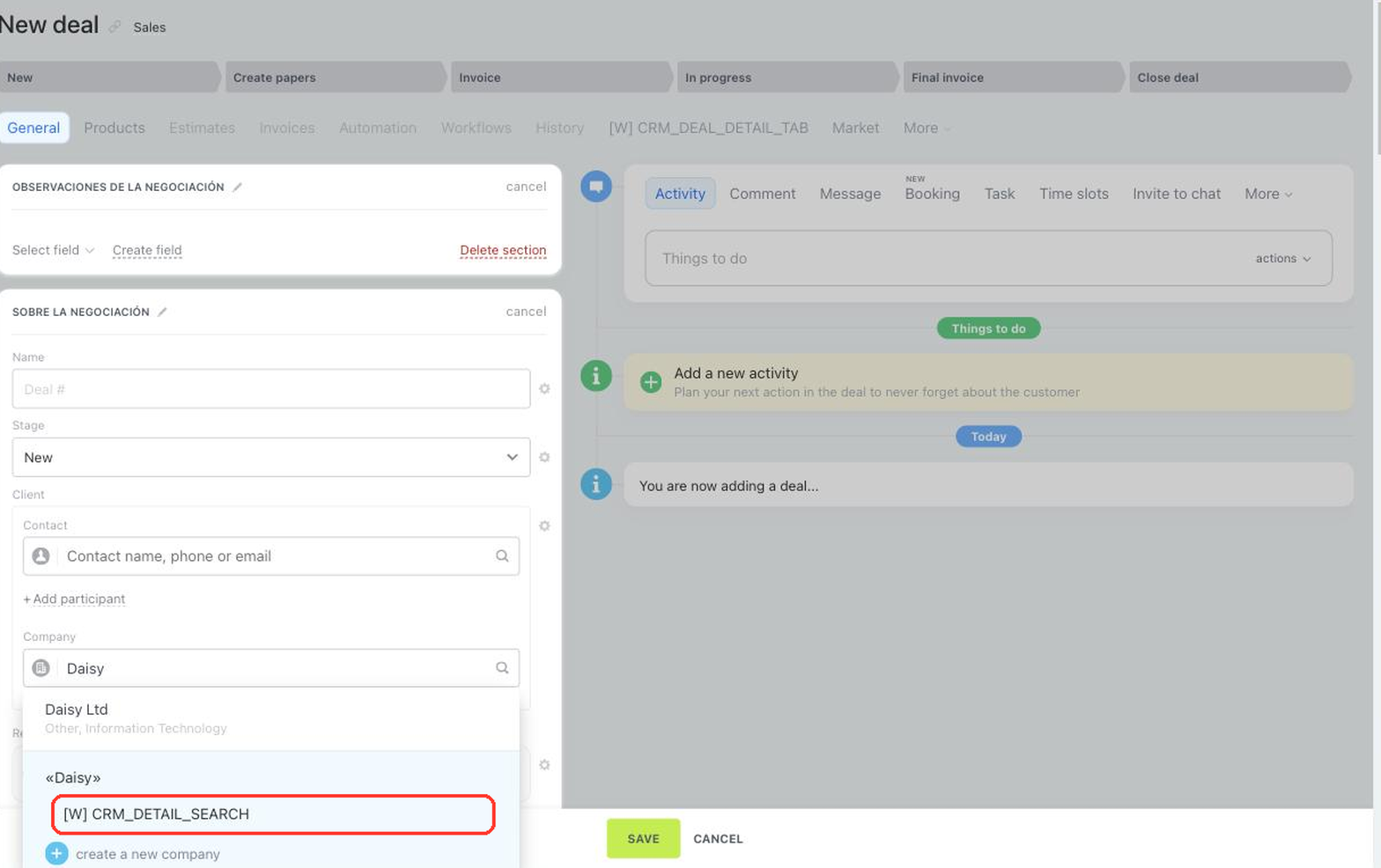 Application item in the client search of the deal form