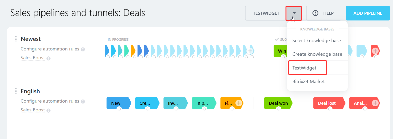 Widget as an item in the sales funnels toolbar