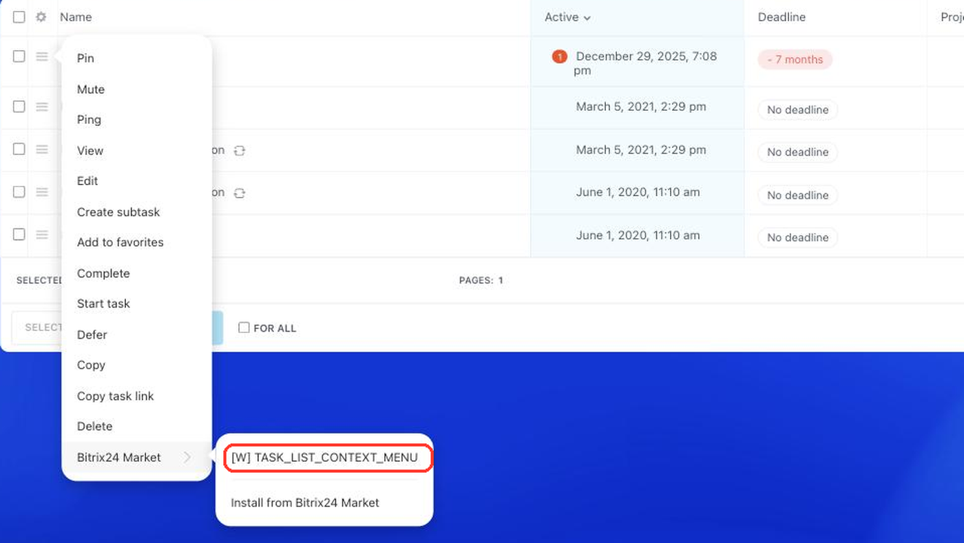 Context menu item of a task in the list
