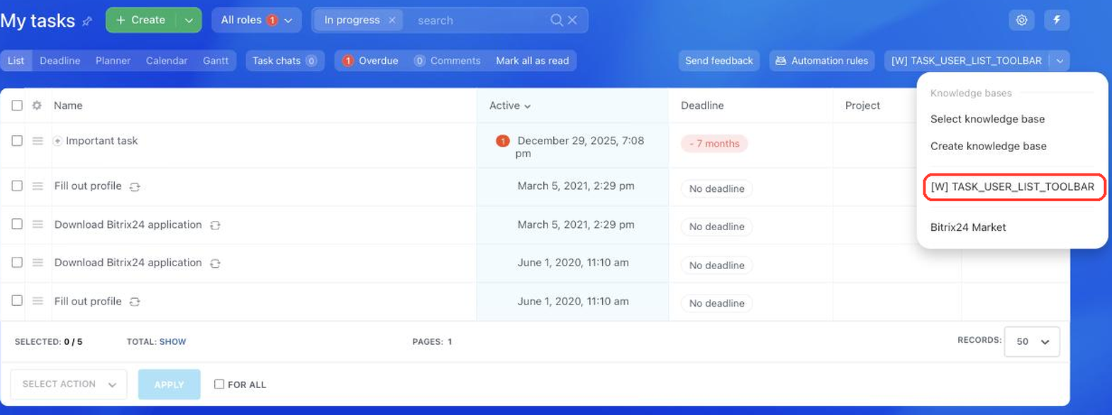 Dropdown menu item above the task list of a user