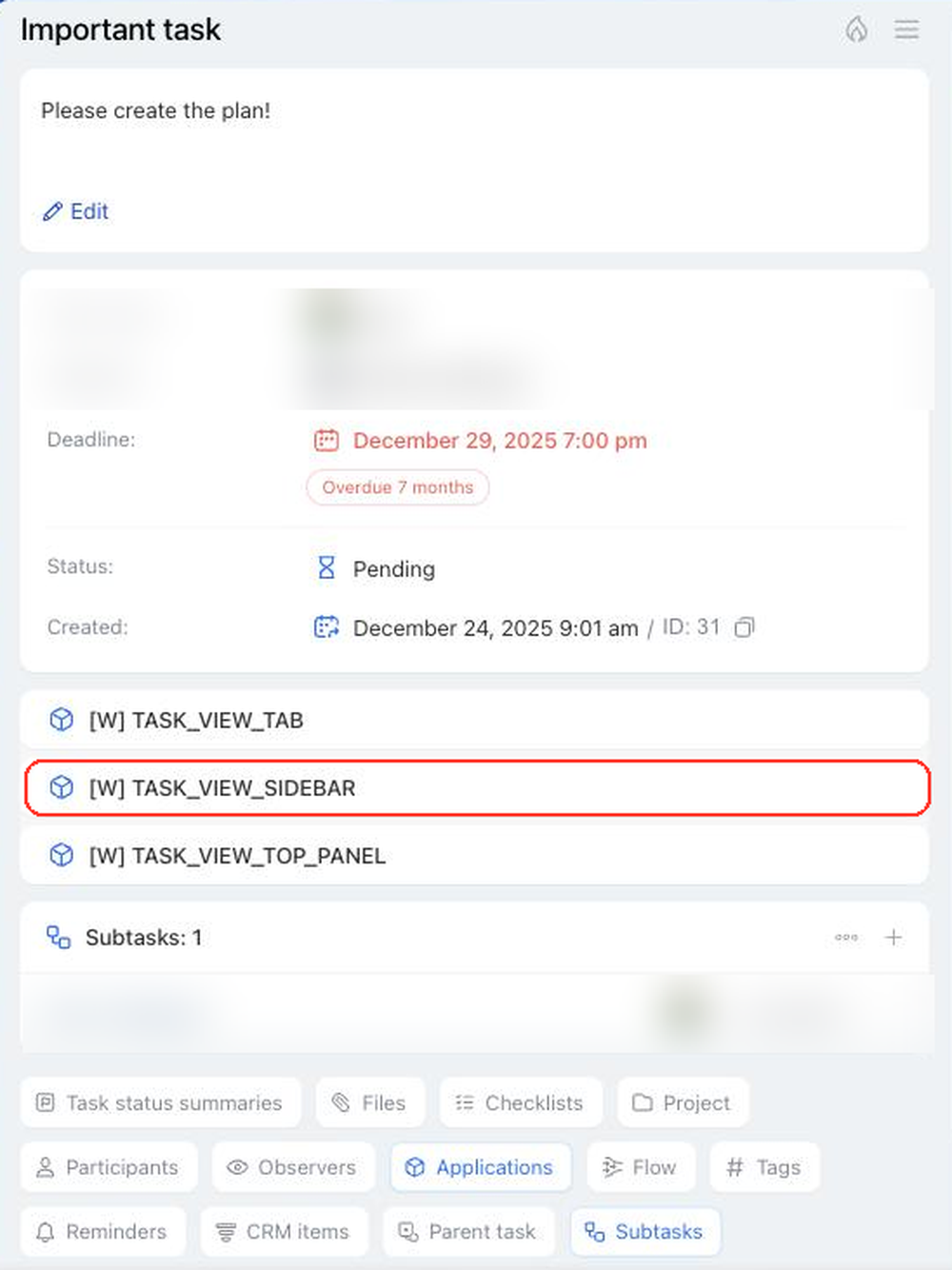 Widget in the right sidebar of the task card