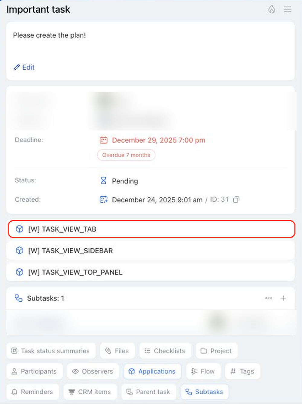 Widget on the tab of the task card