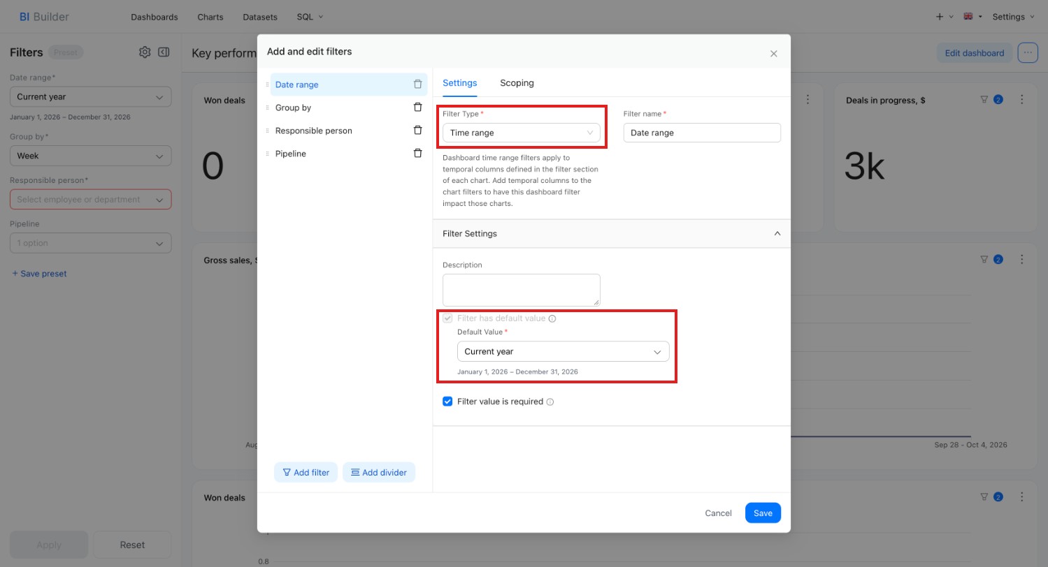 Time range filter with a default value