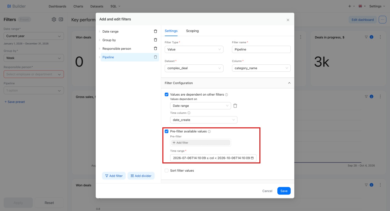 Pre-filter available values