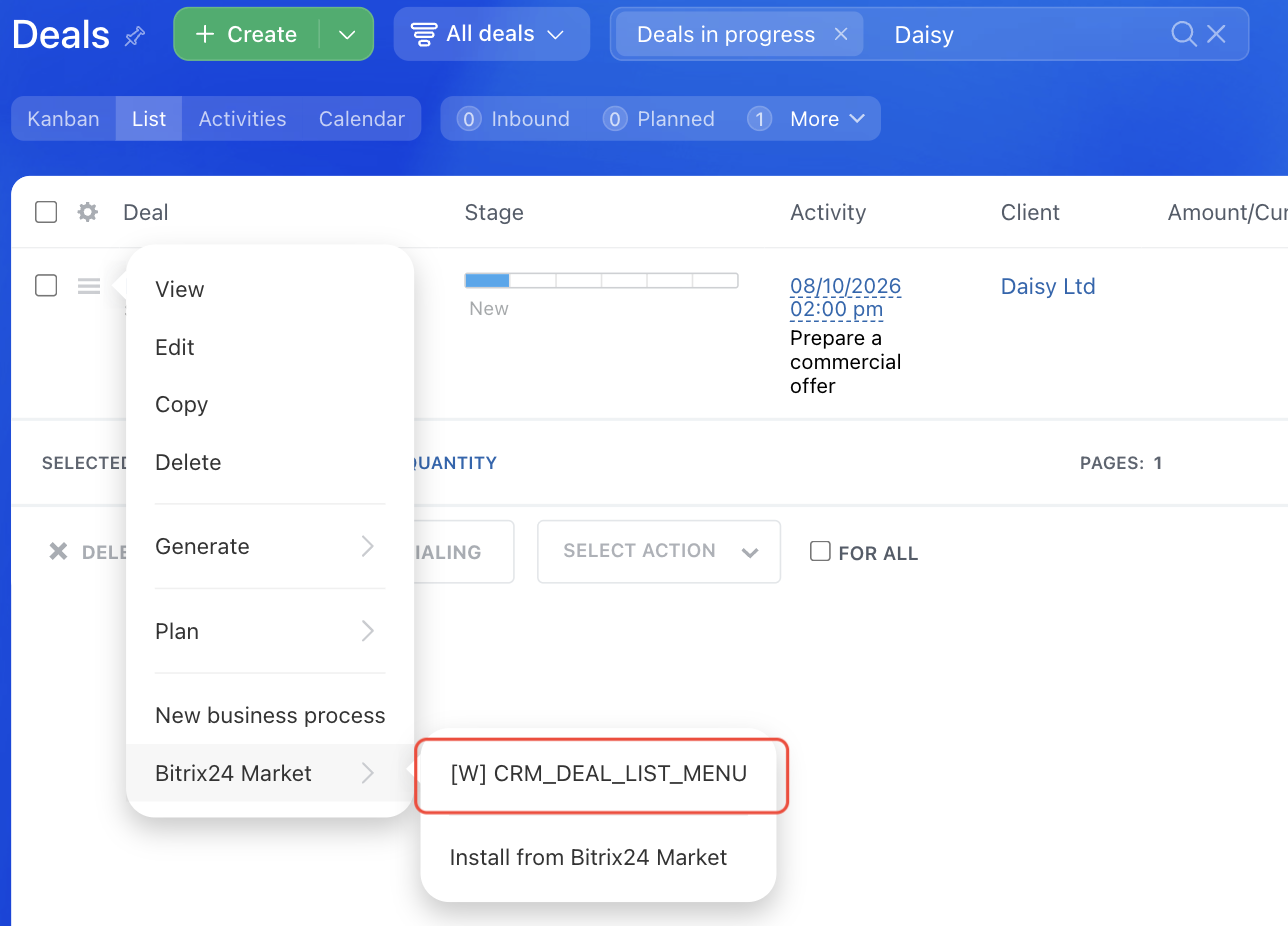 Context menu item in the deal list